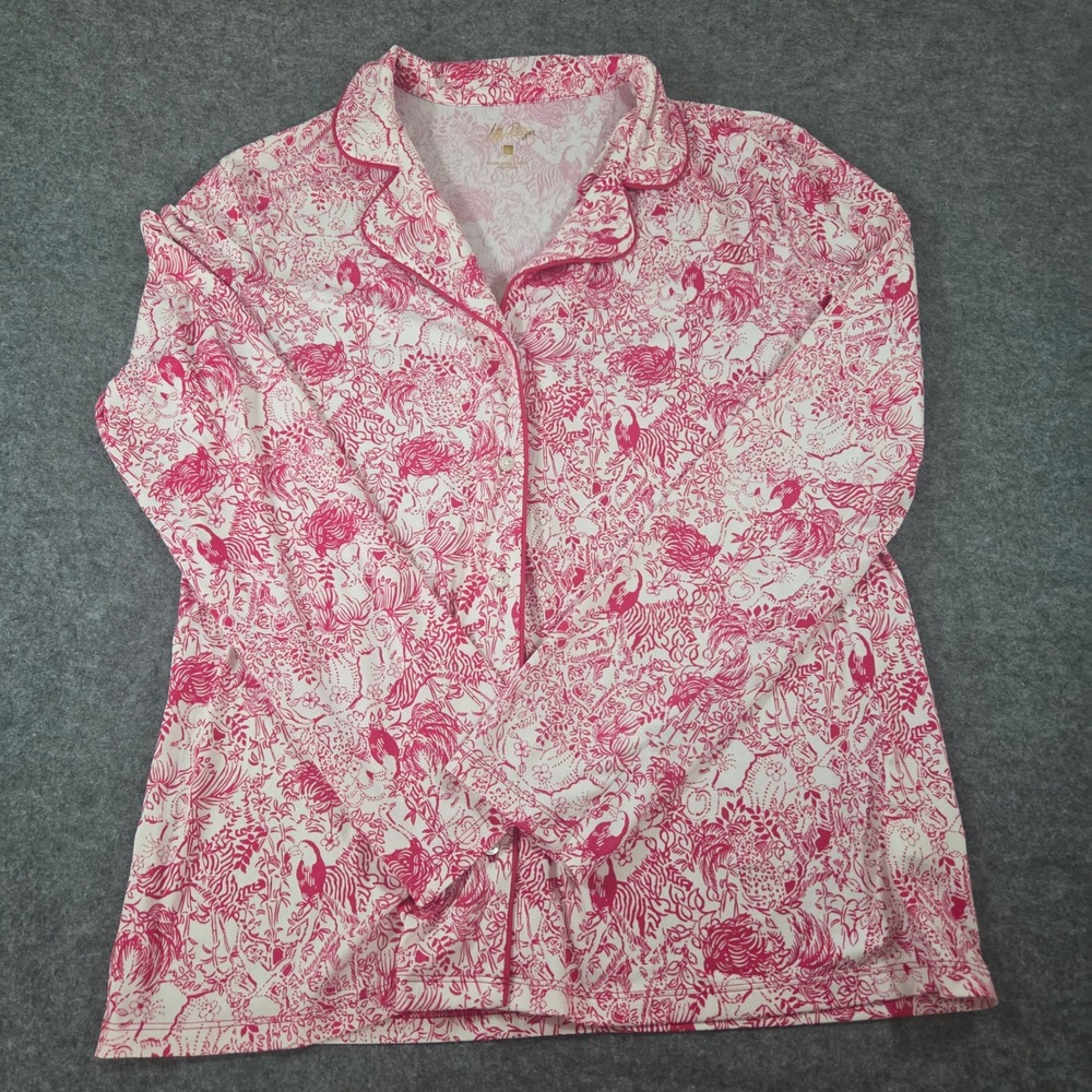 Lilly Pulitzer Pink White Animal Print Pajama Top Button Front Long Sleeve L